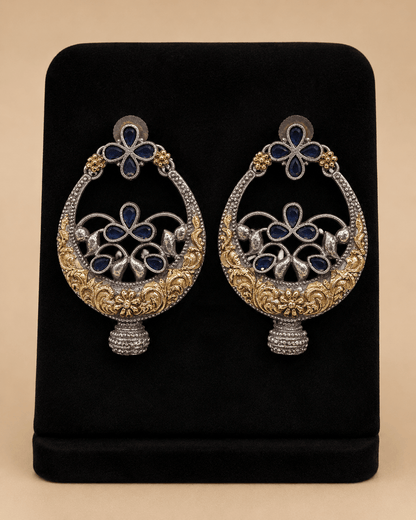 Two-Tone Navy Blue Floral Chandbali Earrings – SKU 0014M