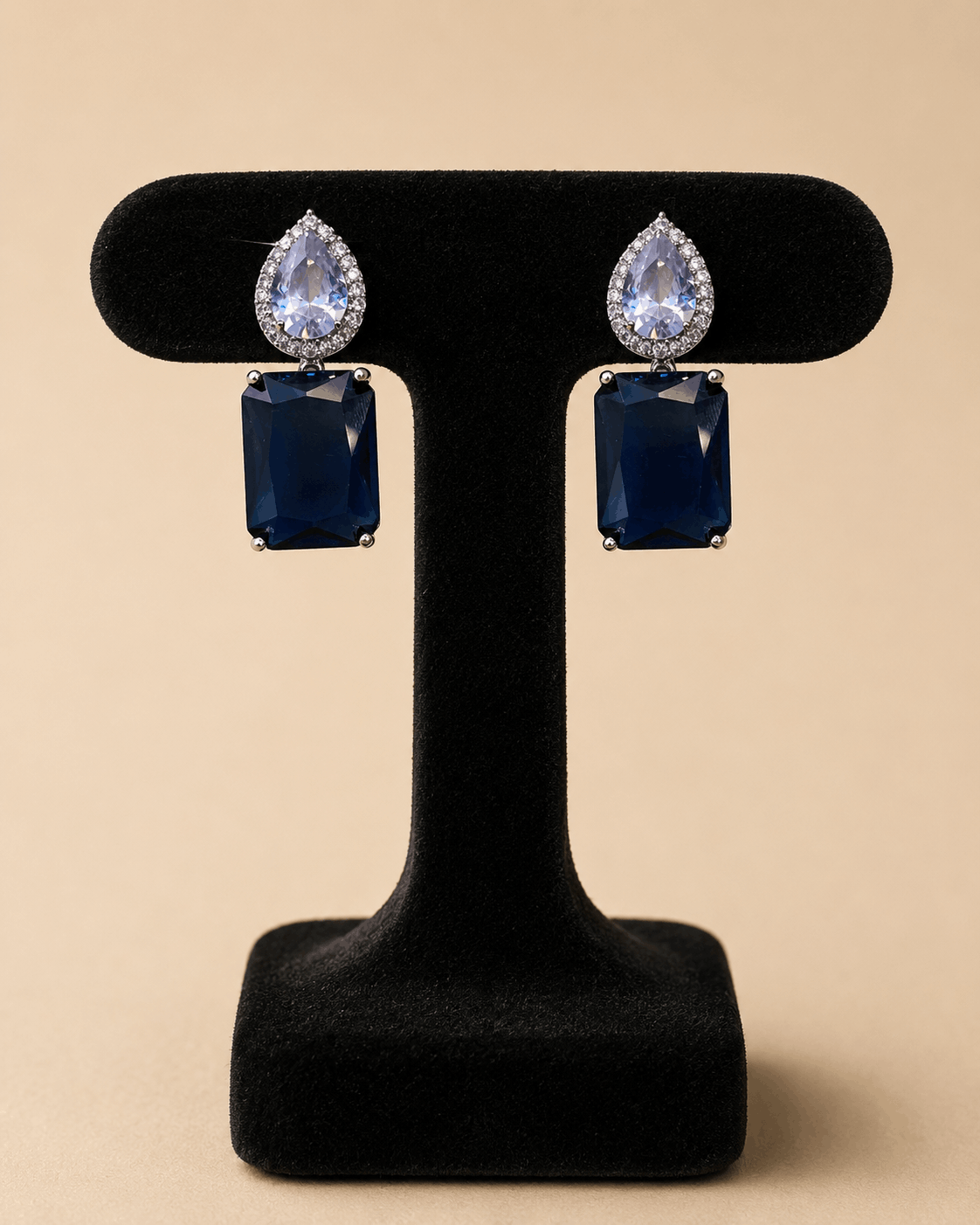 Elegant Dual-Stone Drop Earrings – Navy Blue & Crystal | SKU: 0045M