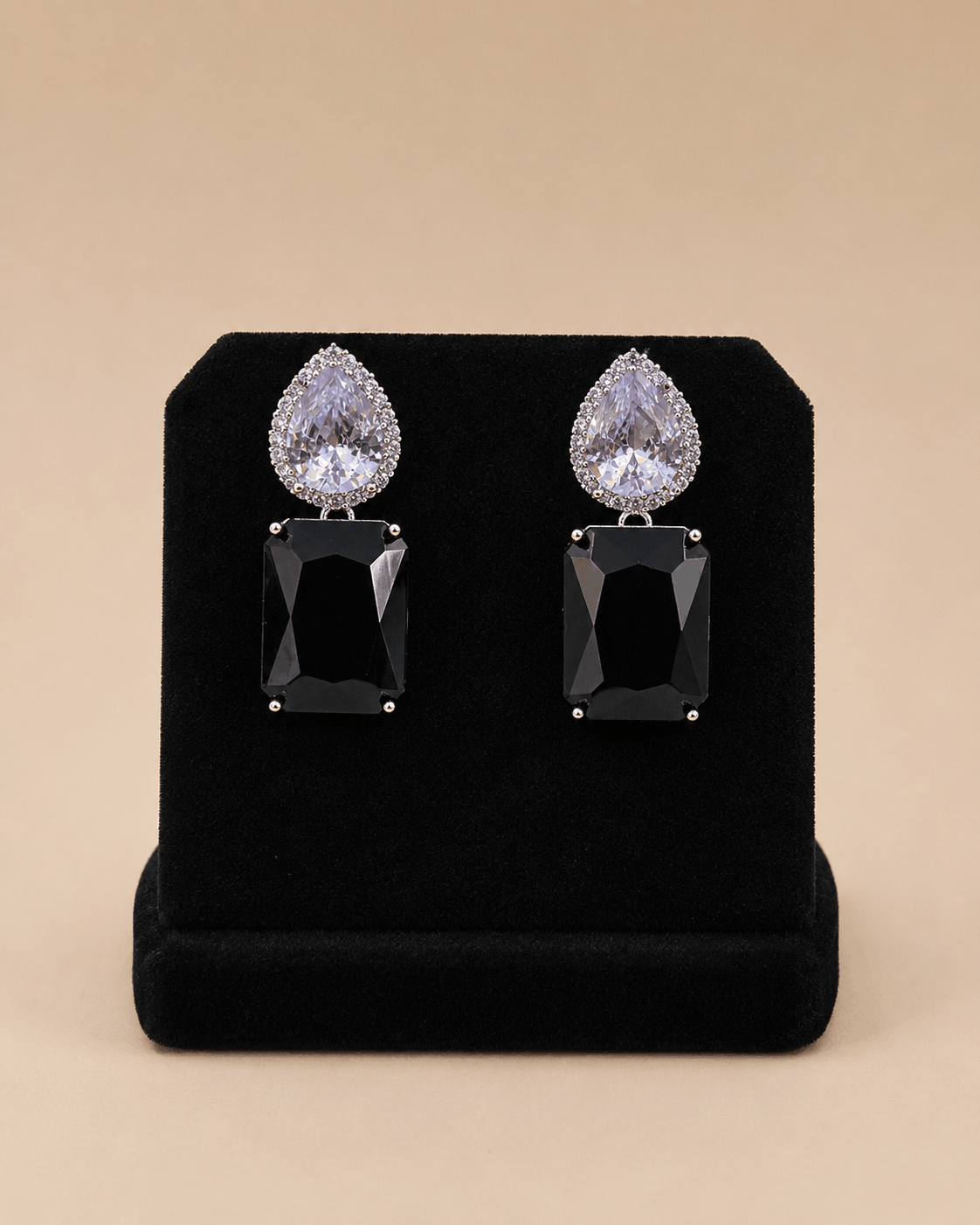 Elegant Dual-Stone Drop Earrings – Navy Blue & Crystal | SKU: 0045M