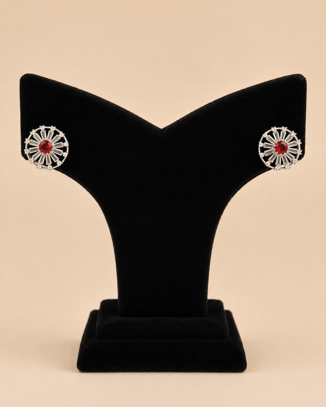 Elegant Red Stone Circular Stud Earrings – Silver Crystal Party Wear Earrings 0023M