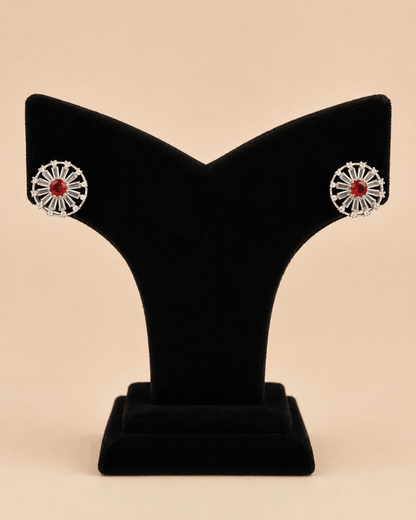 Elegant Red Stone Circular Stud Earrings – Silver Crystal Party Wear Earrings 0023M