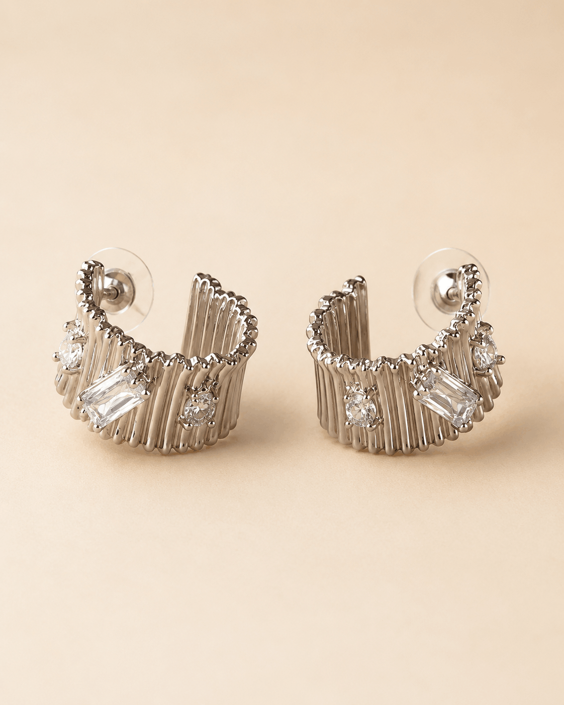 Luxury Silver Ribbed Hoop Earrings with Crystal Stones 0022M