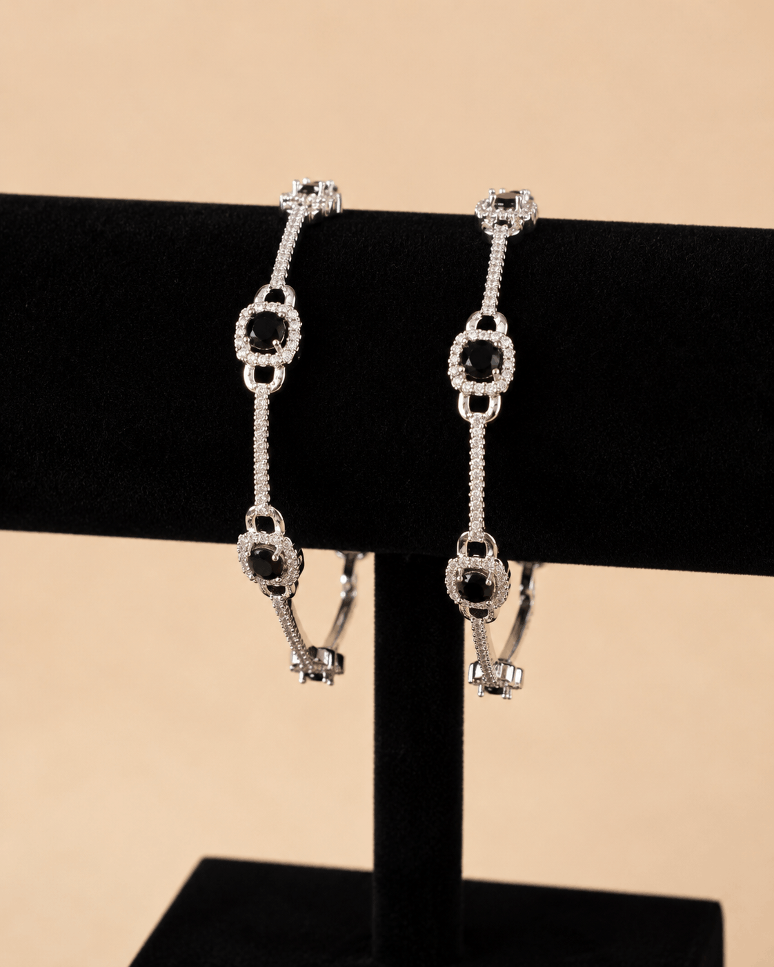 Luxury Silver-Tone Black Stone Crystal Bracelet Bangle Pair 0006M