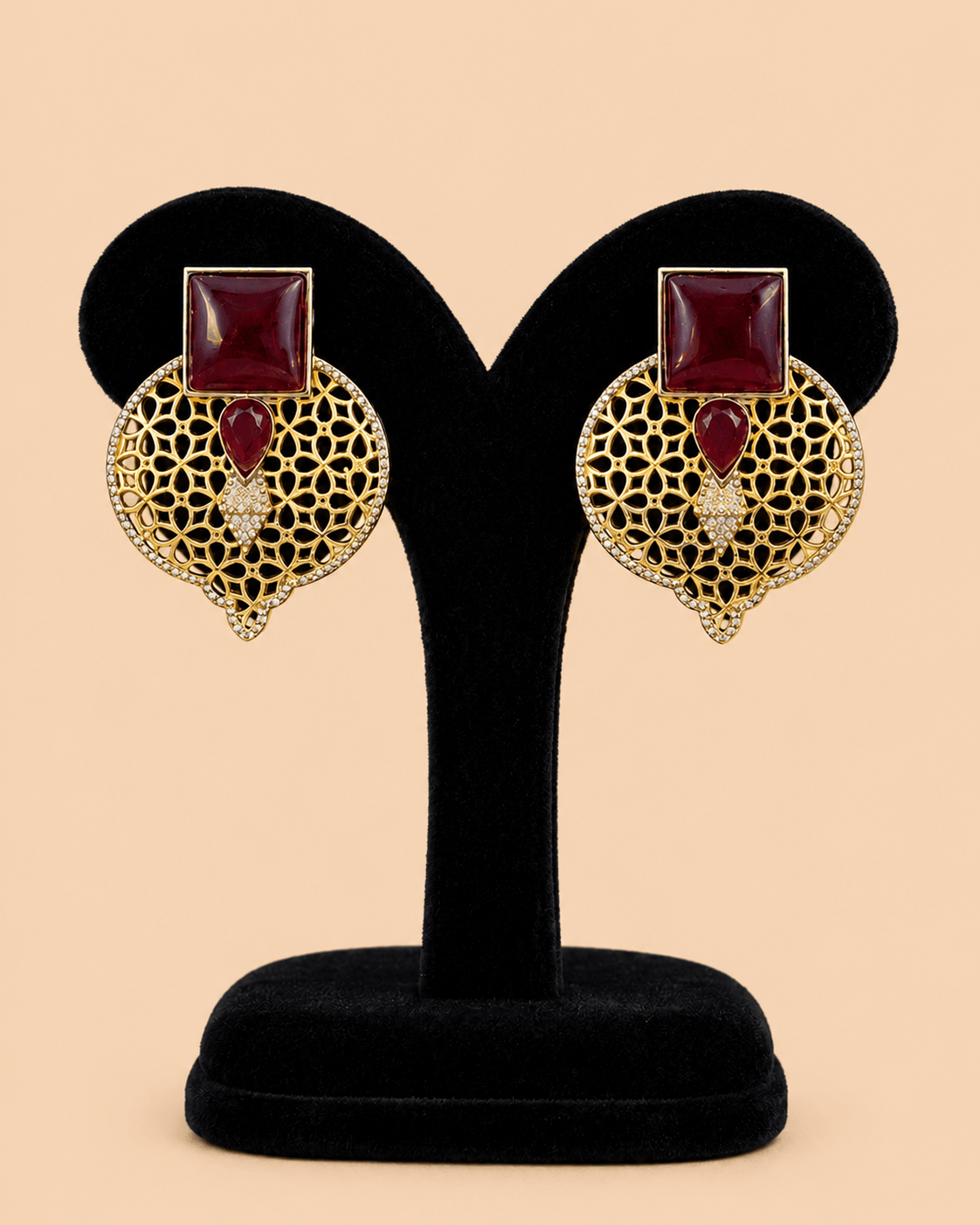 Luxury Gold-Tone Oxidised Maroon Stone Earrings – SKU 0008M