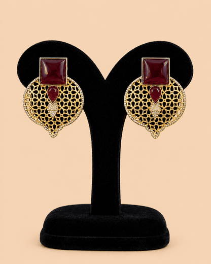 Luxury Gold-Tone Oxidised Maroon Stone Earrings – SKU 0008M