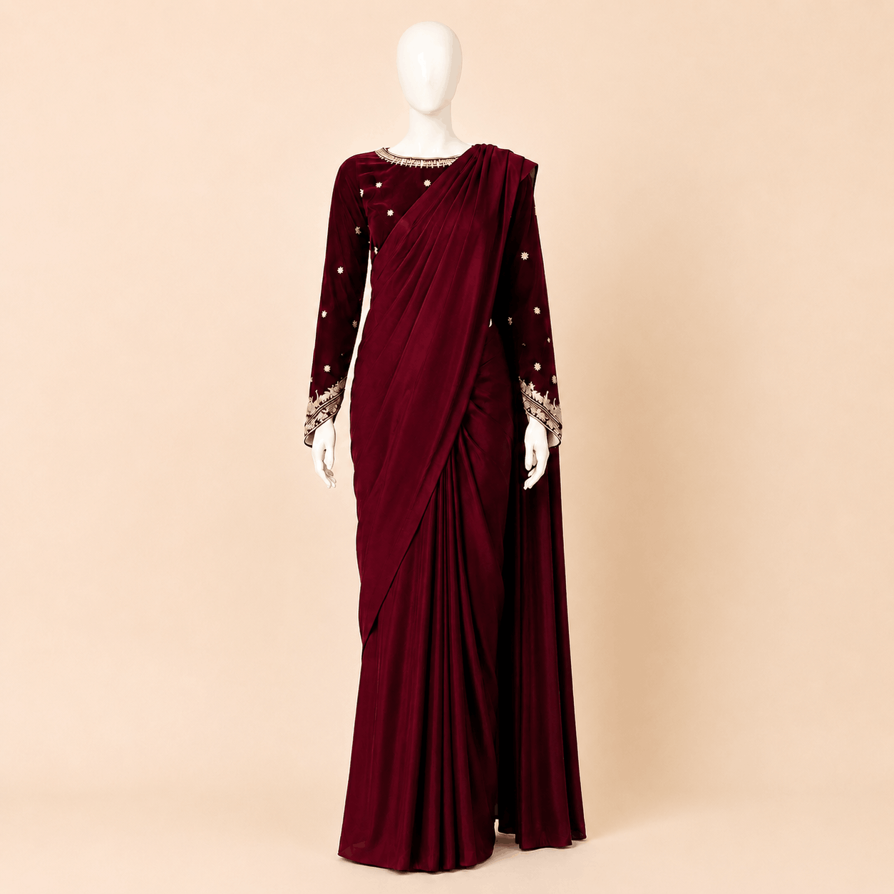 Luxury Velvet Draped Saree with Embellished Blouse – 0095M
