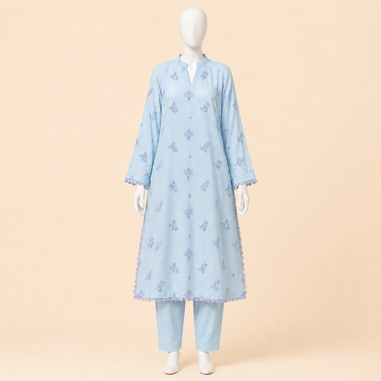 Powder Blue Floral Embroidered Lace Kurta Trouser Set 2-piece Swiss Lawn – 0125M