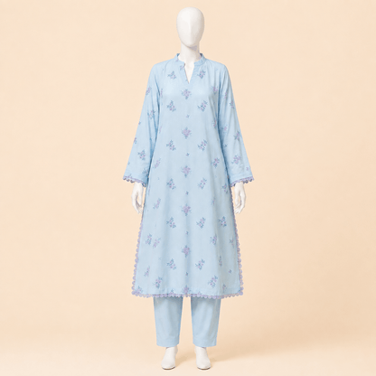 Powder Blue Floral Embroidered Lace Kurta Trouser Set 2-piece Swiss Lawn – 0125M