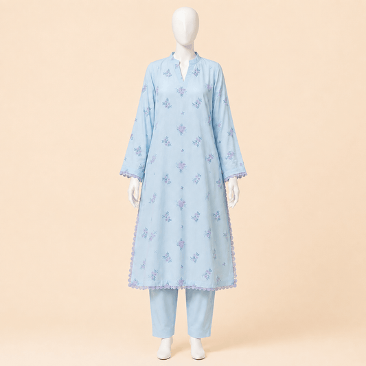 Powder Blue Floral Embroidered Lace Kurta Trouser Set 2-piece Swiss Lawn – 0125M
