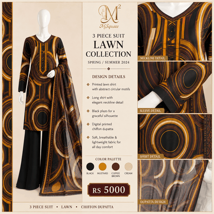 Noir Orbit Abstract Printed 3-Piece Lawn Suit with Chiffon Dupatta – 0119M