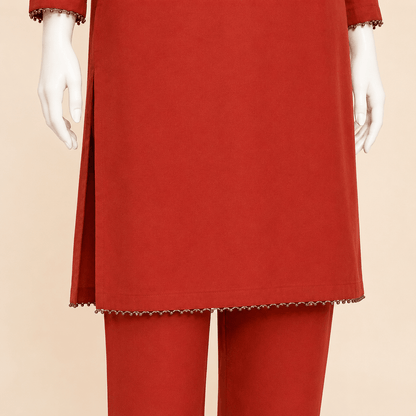 Burnt Orange Pintuck Kurta with Floral Lace Sleeve Detail – 0077M