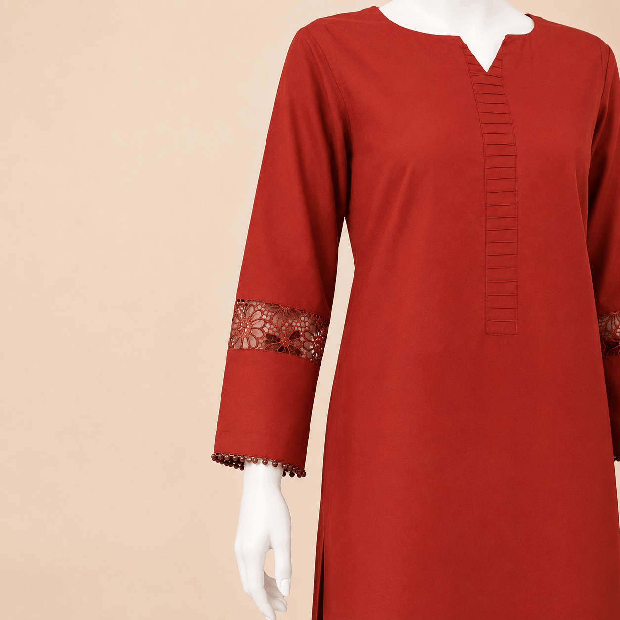 Burnt Orange Pintuck Kurta with Floral Lace Sleeve Detail – 0077M