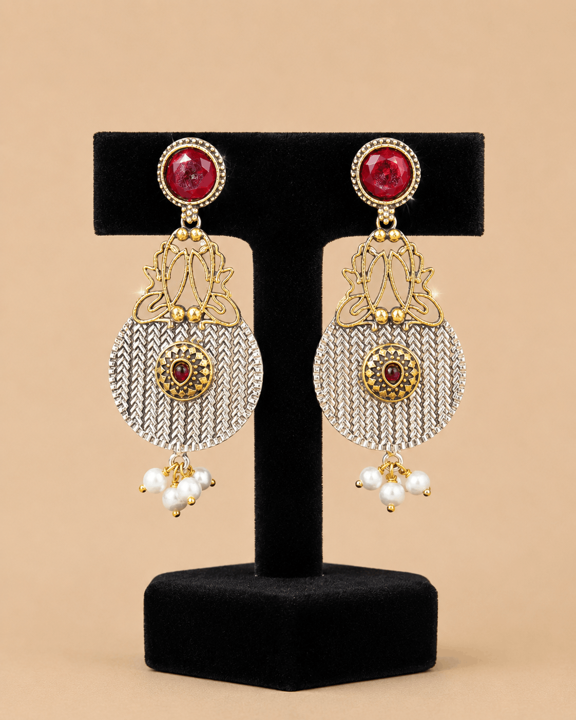 Traditional Dual-Tone Stone & Pearl Drop Earrings – Ethnic Statement Earrings 0037M