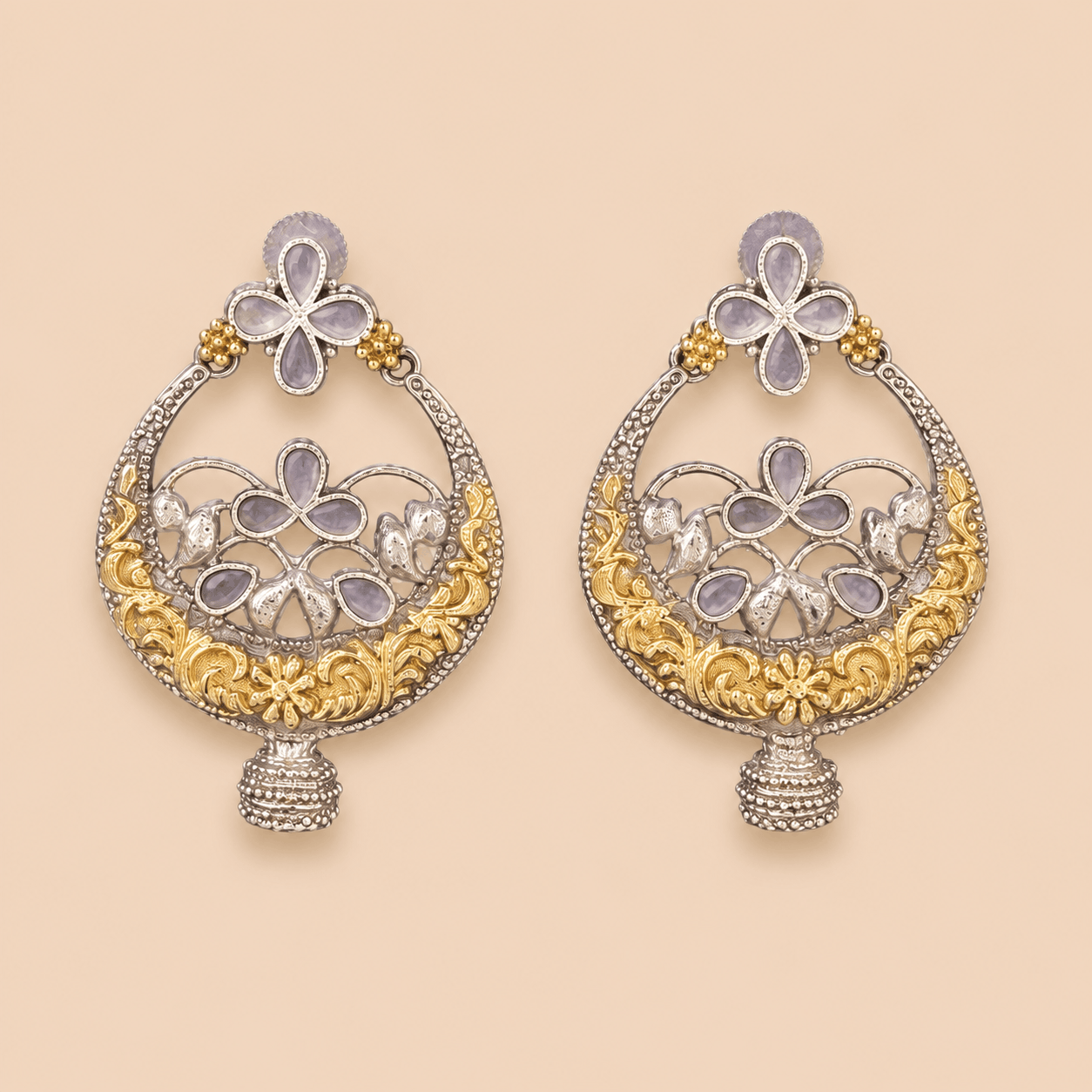 Two-Tone Floral Chandbali Oxidised Earrings with Mauve Stones – SKU 0012M