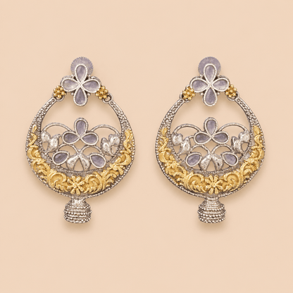 Two-Tone Floral Chandbali Oxidised Earrings with Mauve Stones – SKU 0012M