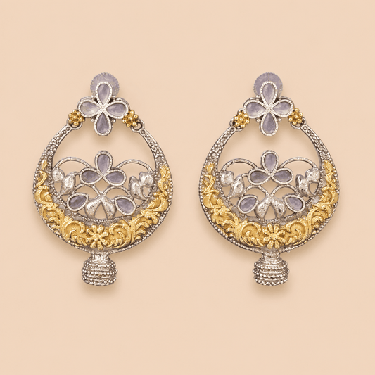 Two-Tone Floral Chandbali Oxidised Earrings with Mauve Stones – SKU 0012M
