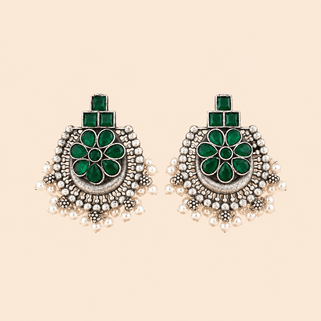 Traditional Floral Pearl Tops – Antique Silver Stone Statement Earrings 0040M