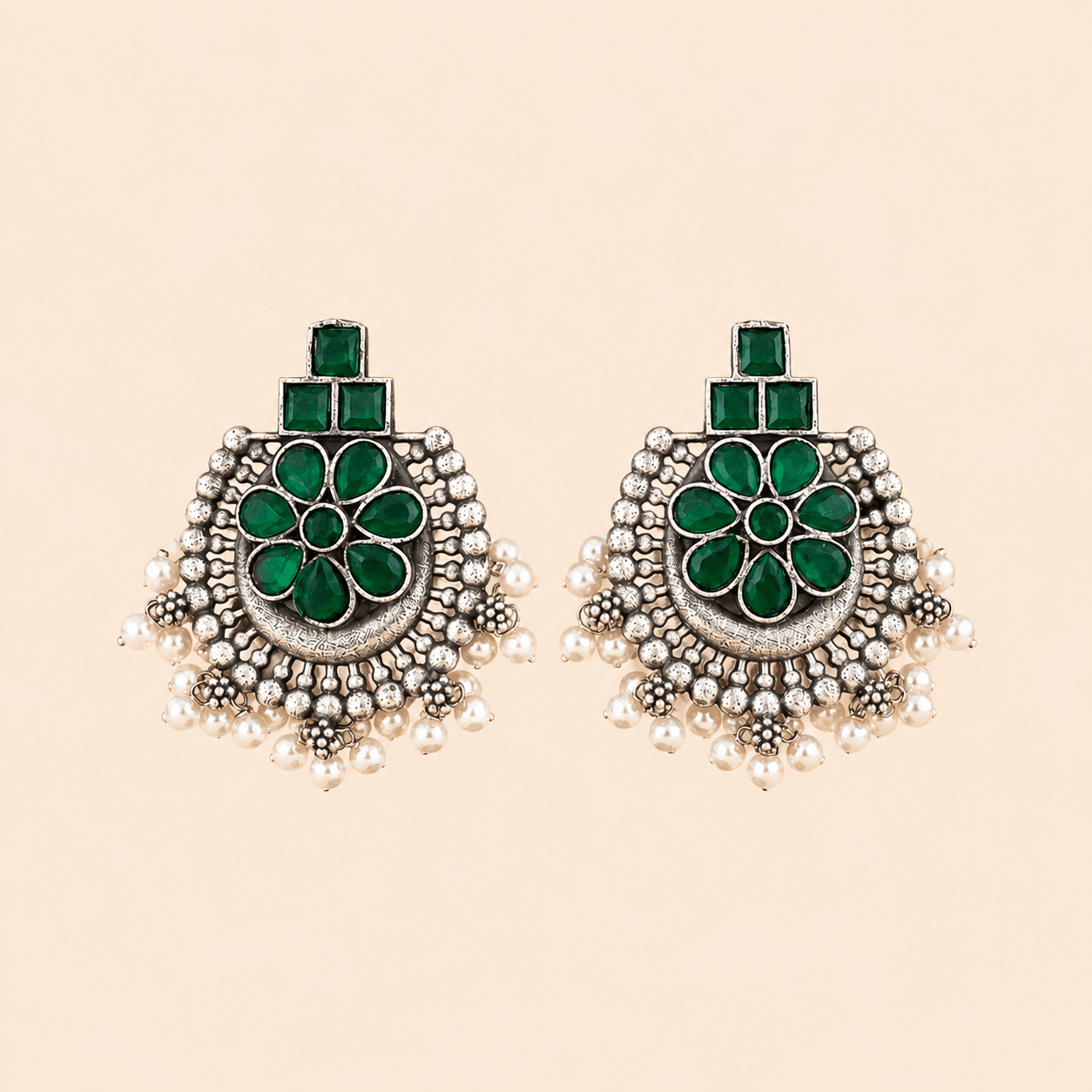 Traditional Floral Pearl Tops – Antique Silver Stone Statement Earrings 0040M