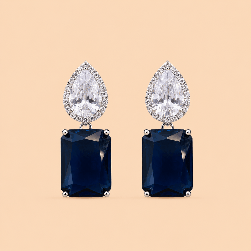 Elegant Dual-Stone Drop Earrings – Navy Blue & Crystal | SKU: 0045M