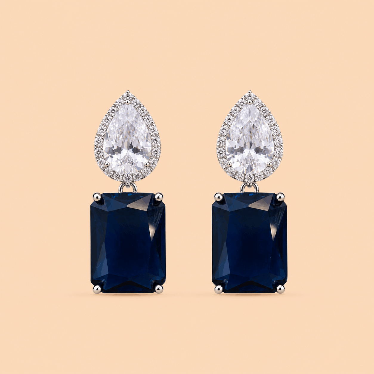 Elegant Dual-Stone Drop Earrings – Navy Blue & Crystal | SKU: 0045M