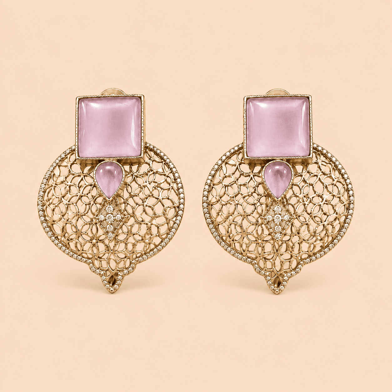 Gold Filigree Mauve Pink Stone Statement Earrings – SKU 0011M