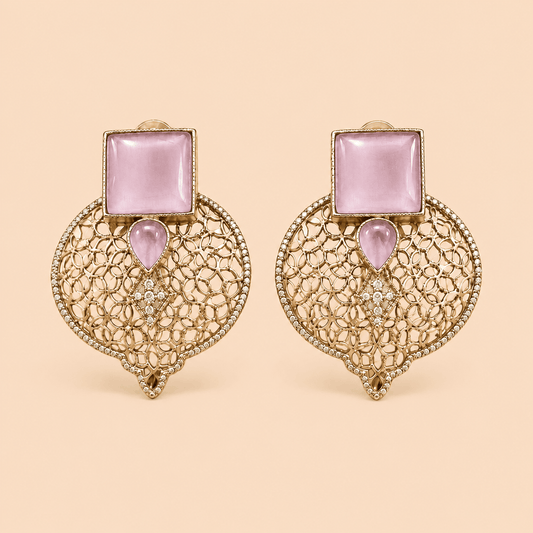 Gold Filigree Mauve Pink Stone Statement Earrings – SKU 0011M