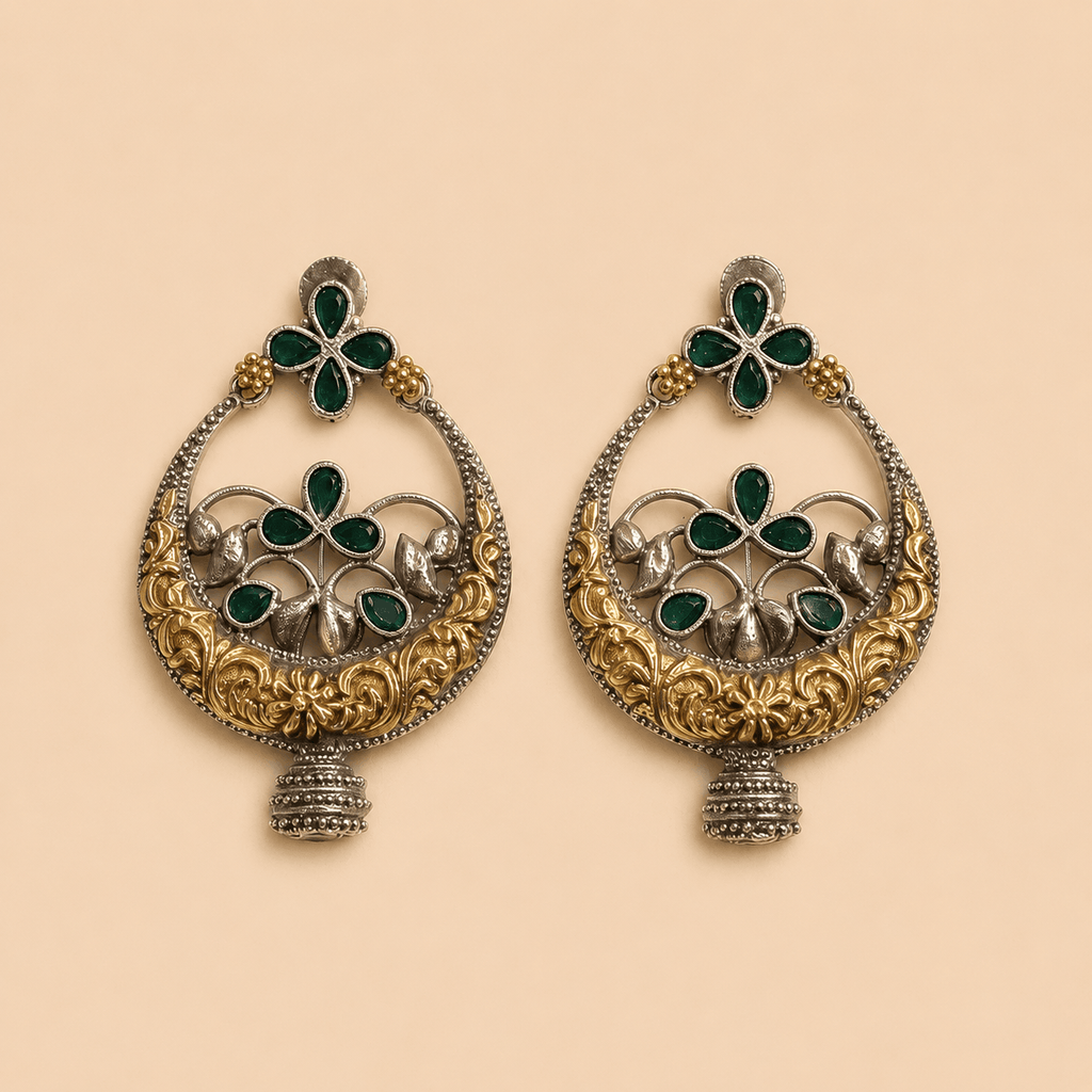Two-Tone Emerald Green Floral Chandbali Earrings – SKU 0013M