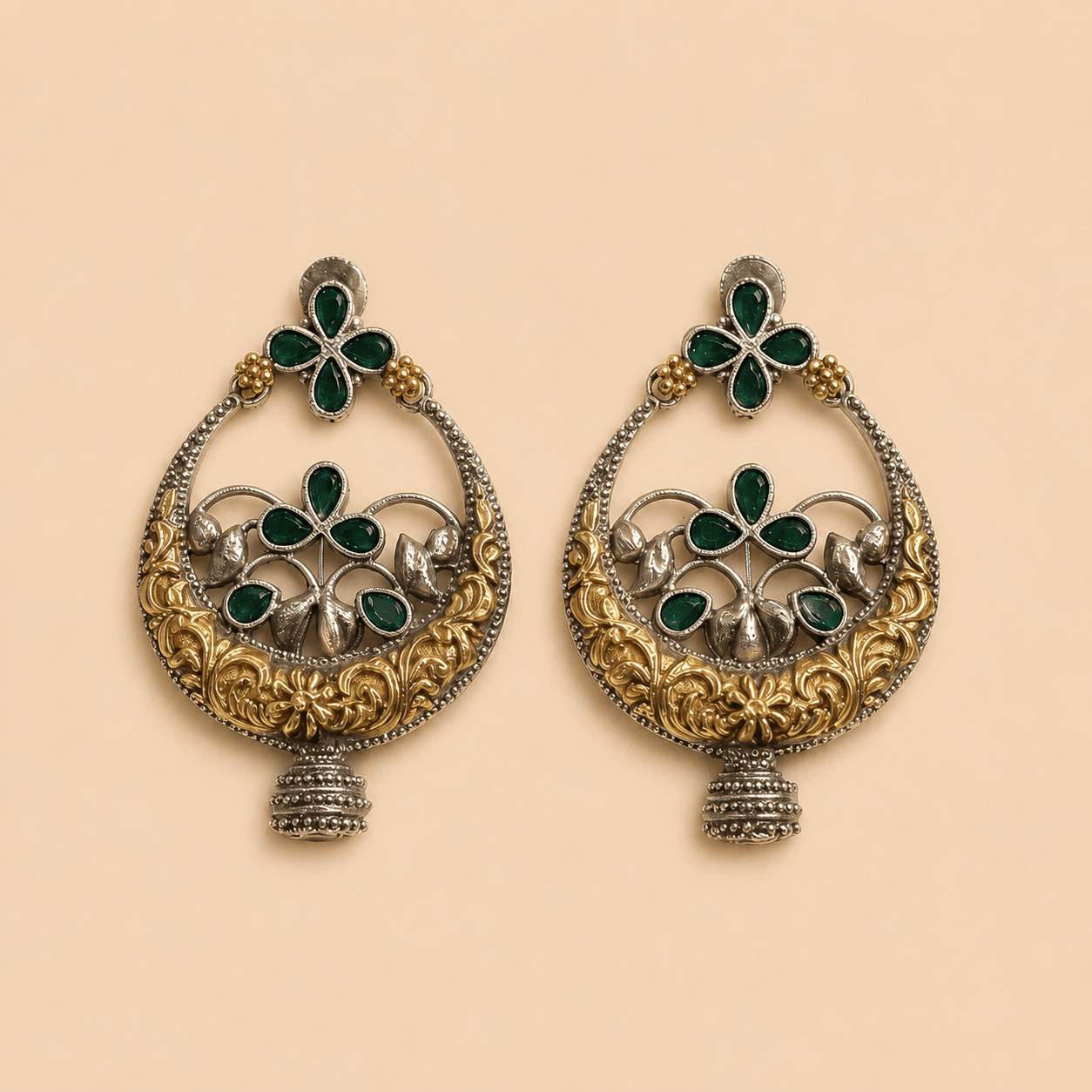 Two-Tone Emerald Green Floral Chandbali Earrings – SKU 0013M