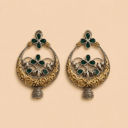 Two-Tone Emerald Green Floral Chandbali Earrings – SKU 0013M