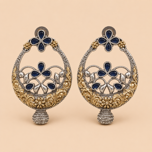 Two-Tone Navy Blue Floral Chandbali Earrings – SKU 0014M