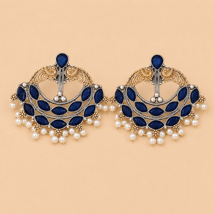 Royal Blue Stone Pearl Chandbali Earrings – Traditional Gold & Silver Plated Statement Earrings 0020M