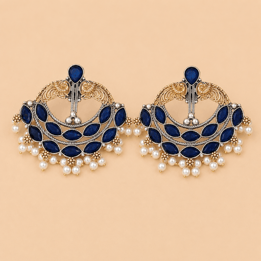 Royal Blue Stone Pearl Chandbali Earrings – Traditional Gold & Silver Plated Statement Earrings 0020M