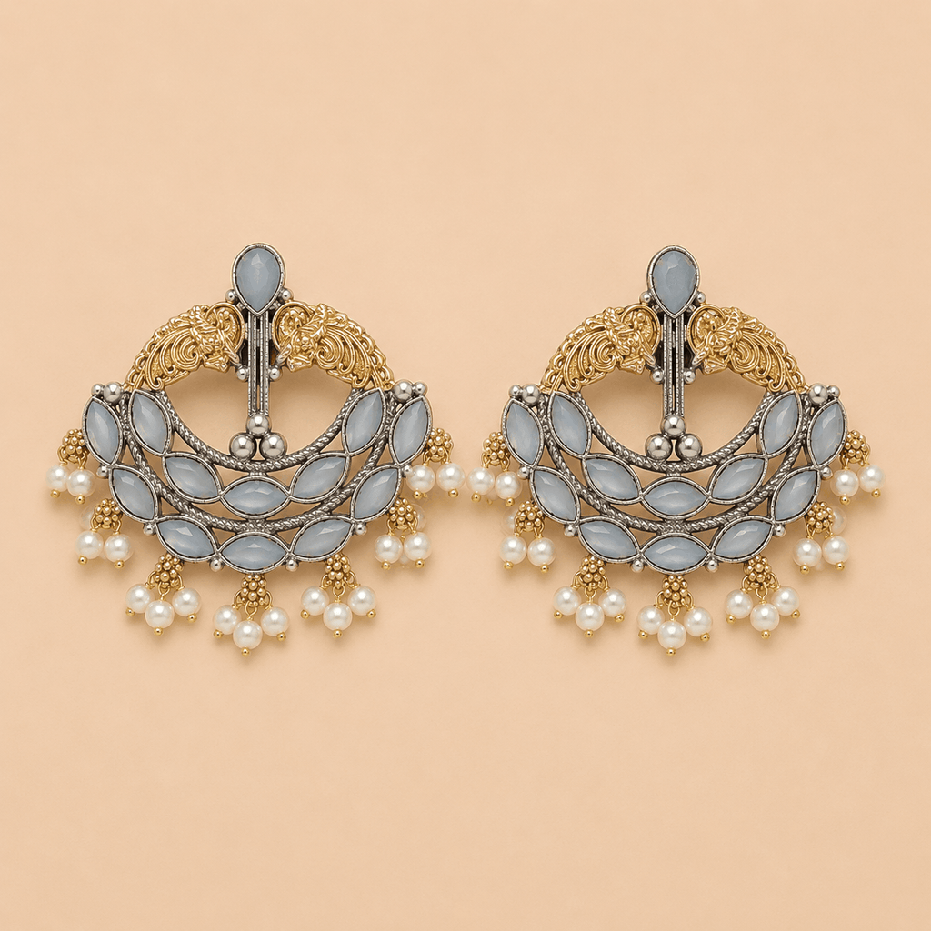 Elegant Grey Stone Pearl Chandbali Earrings – Gold & Silver Traditional Earrings 0021M