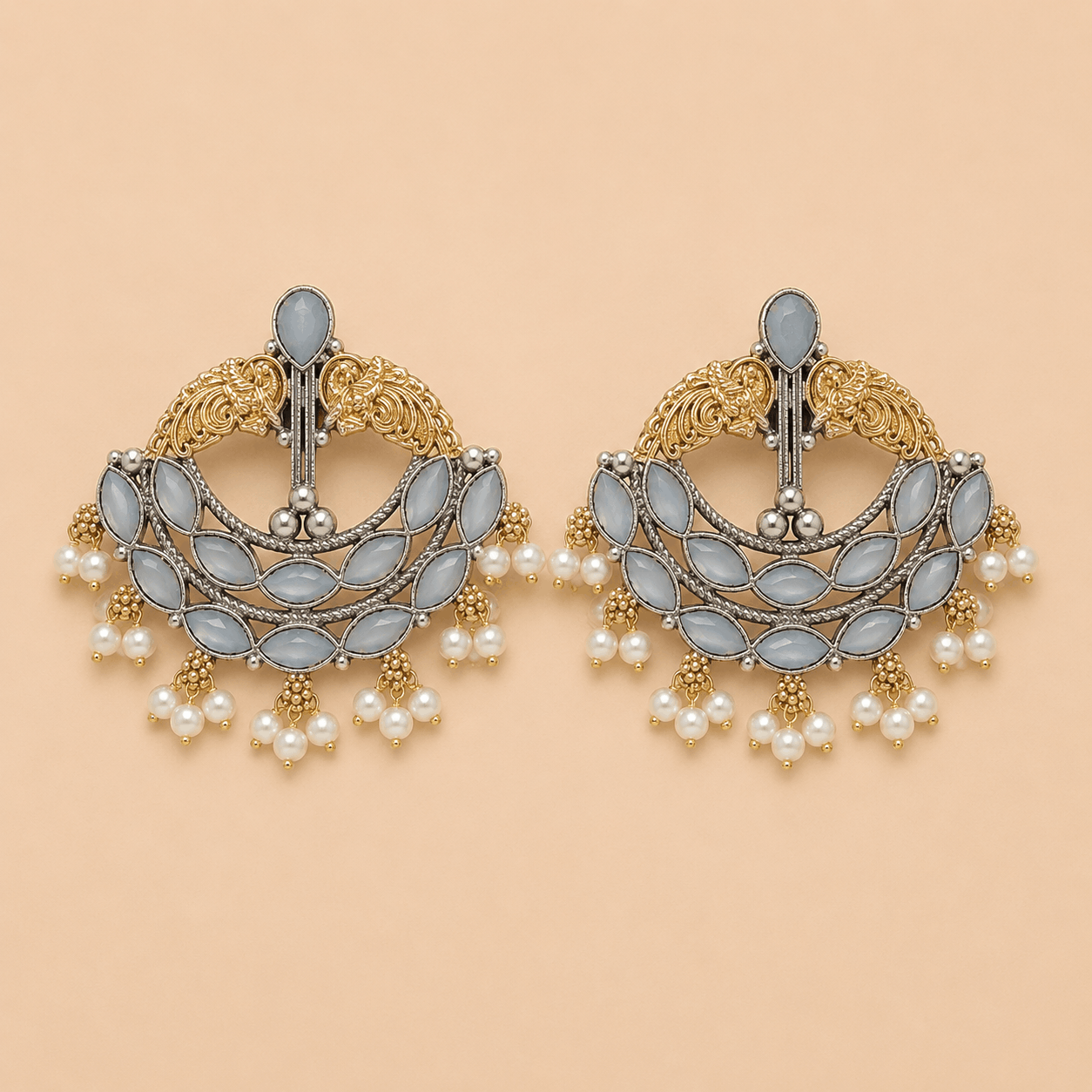 Elegant Grey Stone Pearl Chandbali Earrings – Gold & Silver Traditional Earrings 0021M