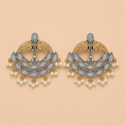 Elegant Grey Stone Pearl Chandbali Earrings – Gold & Silver Traditional Earrings 0021M