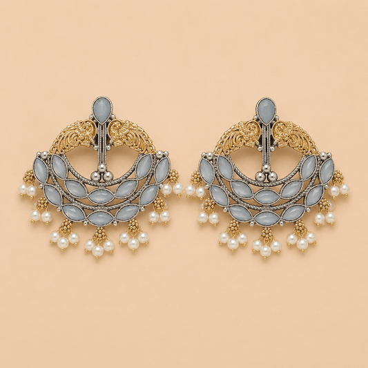 Elegant Grey Stone Pearl Chandbali Earrings – Gold & Silver Traditional Earrings 0021M