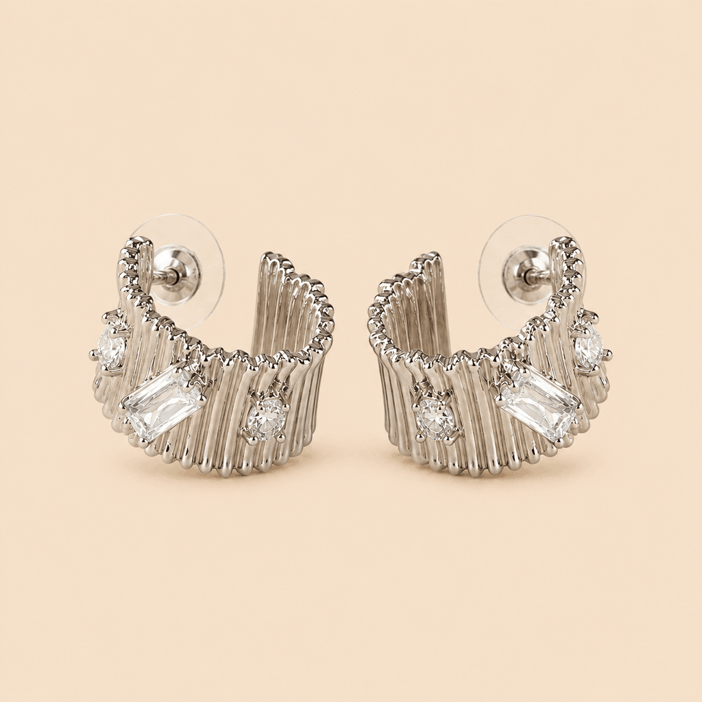 Luxury Silver Ribbed Hoop Earrings with Crystal Stones 0022M