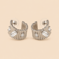 Luxury Silver Ribbed Hoop Earrings with Crystal Stones 0022M