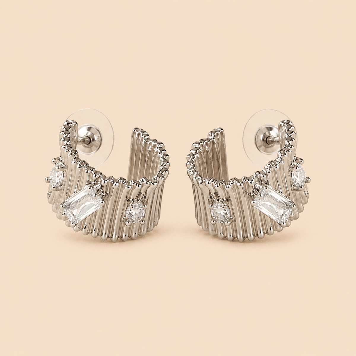 Luxury Silver Ribbed Hoop Earrings with Crystal Stones 0022M