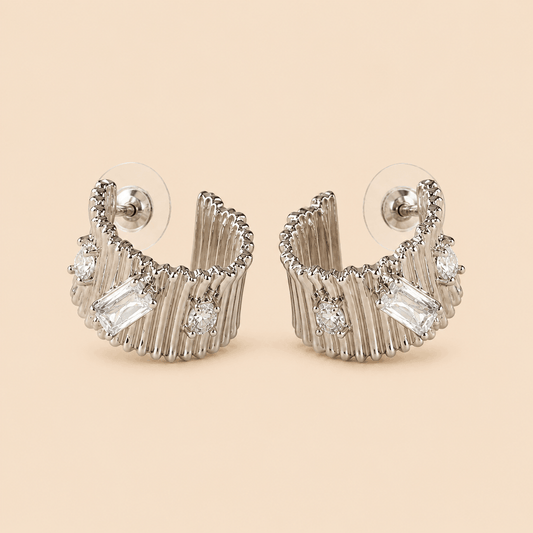 Luxury Silver Ribbed Hoop Earrings with Crystal Stones 0022M