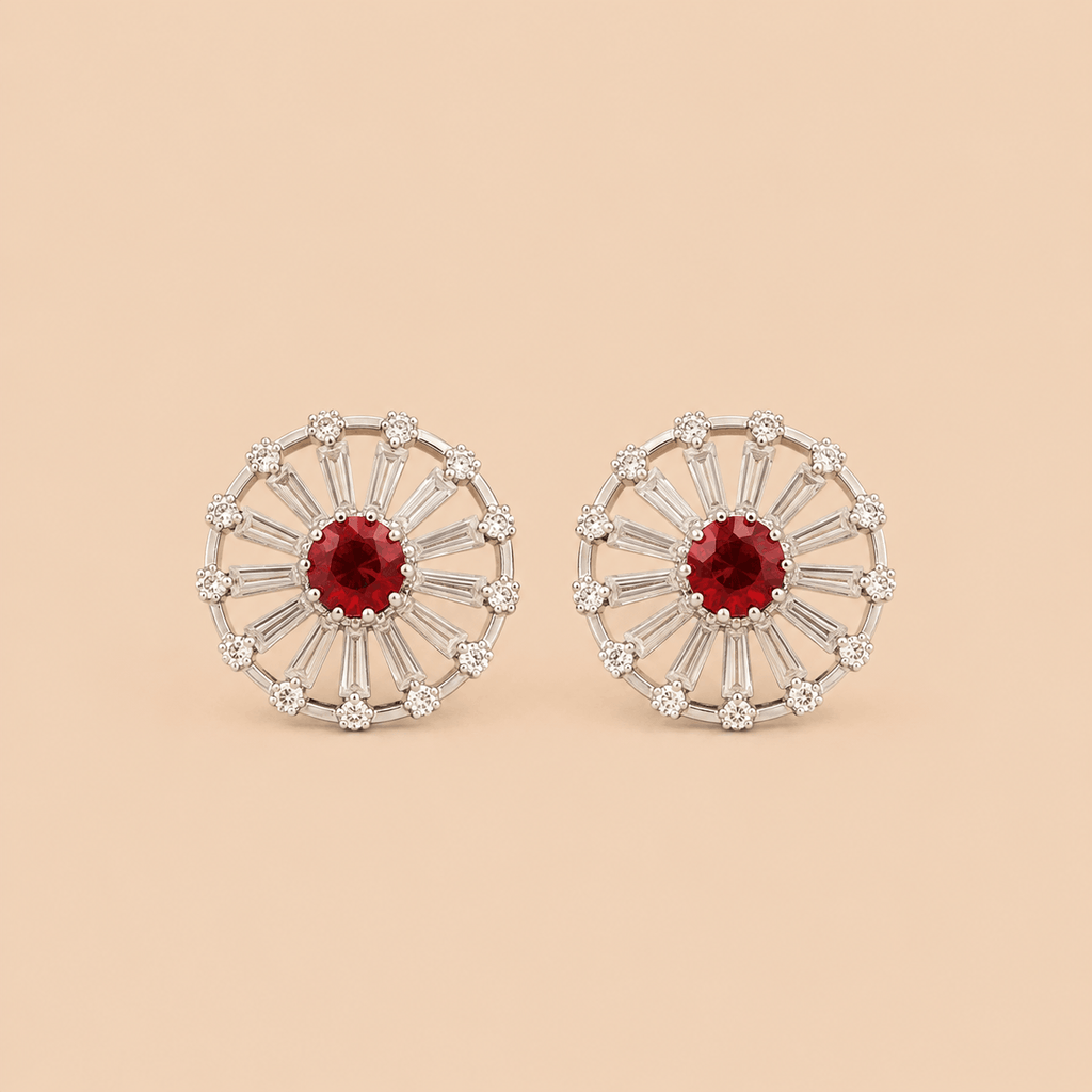 Elegant Red Stone Circular Stud Earrings – Silver Crystal Party Wear Earrings 0023M
