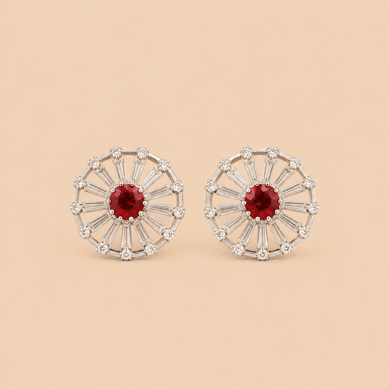 Elegant Red Stone Circular Stud Earrings – Silver Crystal Party Wear Earrings 0023M
