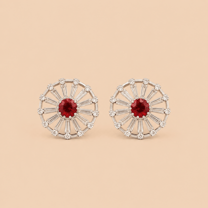Elegant Red Stone Circular Stud Earrings – Silver Crystal Party Wear Earrings 0023M
