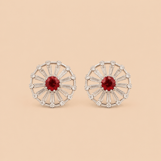 Elegant Red Stone Circular Stud Earrings – Silver Crystal Party Wear Earrings 0023M