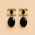 Elegant Black Stone Double-C Inspired Drop Earrings – Gold Tone Statement Earrings 0024M