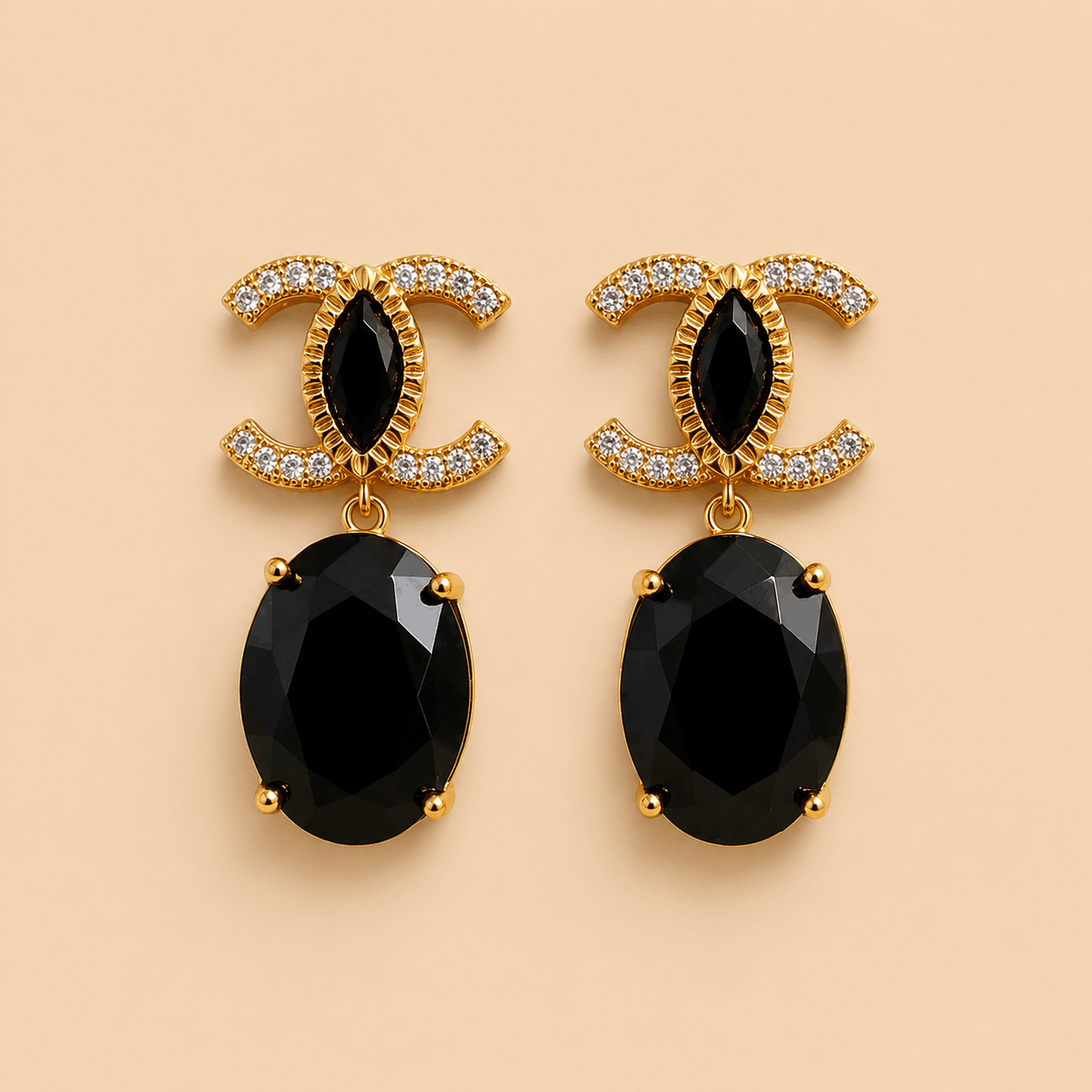 Elegant Black Stone Double-C Inspired Drop Earrings – Gold Tone Statement Earrings 0024M