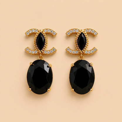 Elegant Black Stone Double-C Inspired Drop Earrings – Gold Tone Statement Earrings 0024M