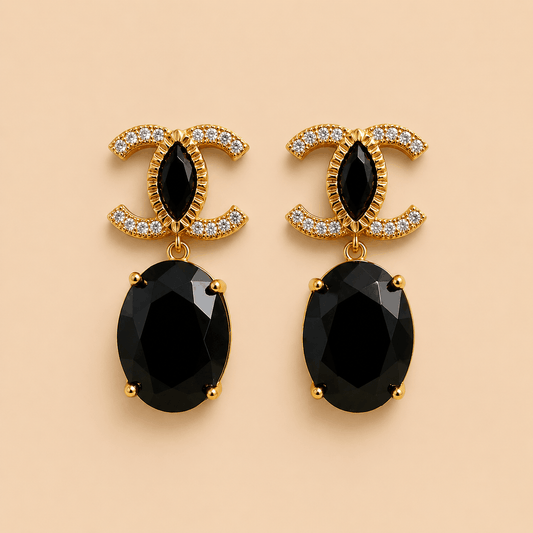 Elegant Black Stone Double-C Inspired Drop Earrings – Gold Tone Statement Earrings 0024M