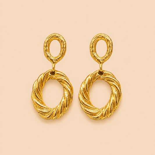 Elegant Gold Twisted Hoop Drop Earrings – Textured Statement Earrings 0025M