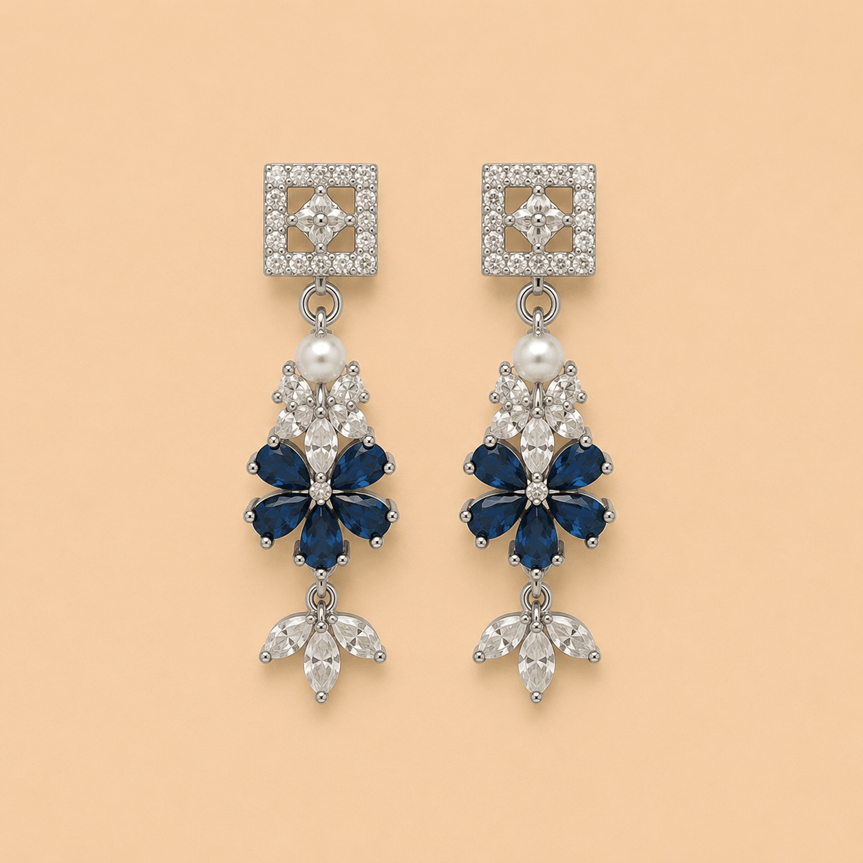 Elegant Blue Floral Drop Earrings with Pearl & Crystal Stones 0027M